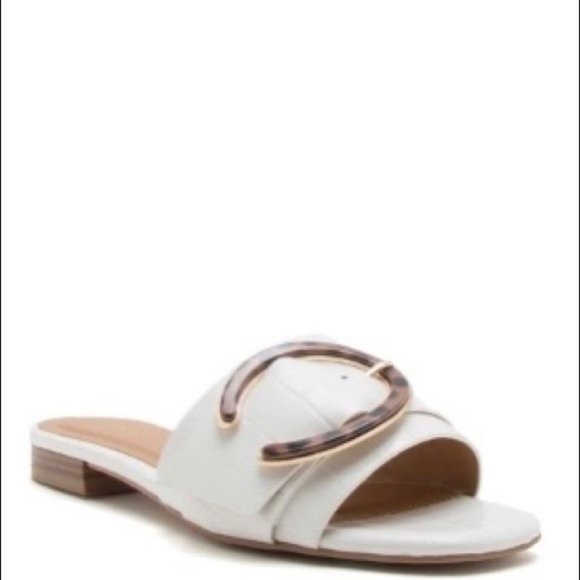 White Croc Slides with Tortoise Shell Buckle - Picture 3 of 8